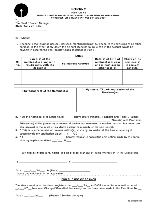 Form-C Application For Nomination/change/cancellation Of Nomination Under Senior Citizens Savings Scheme, 2004 Printable pdf