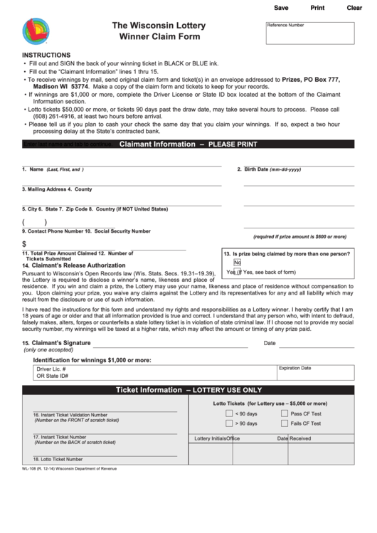 Fillable Form Wl-108 - The Wisconsin Lottery Winner Claim Form Printable pdf