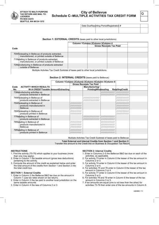 Fillable Schedule C (Form Q) - Multiple Activities Tax Credit Form - City Of Bellevue Printable pdf