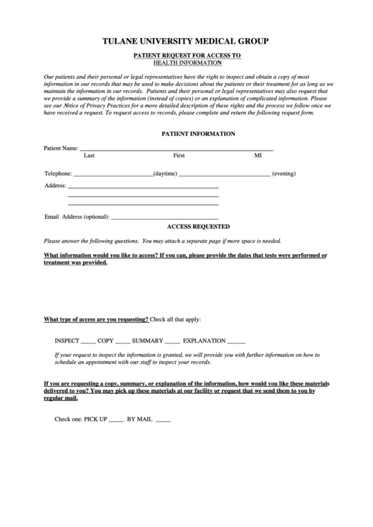 Patient Request For Access To Health Information Form Printable pdf