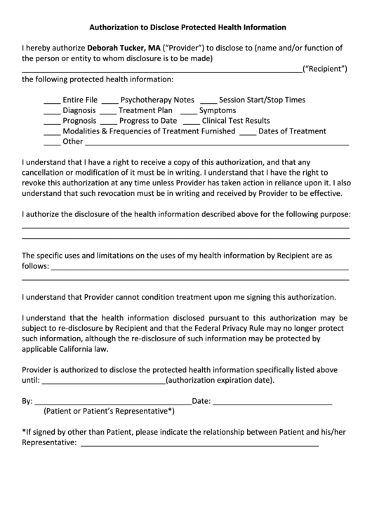 Authorization To Disclose Protected Health Information Form Printable pdf