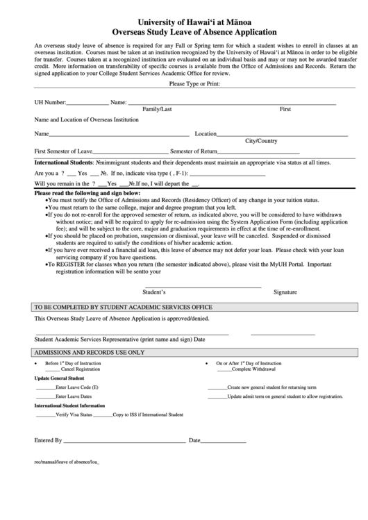 Fillable Overseas Study Leave Of Absence Application Form Printable pdf