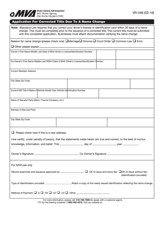 Fillable Form Vr-448 Application For A Corrected Title Due To A Name Change Printable pdf