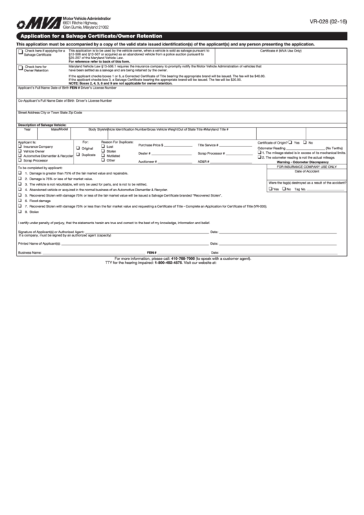 Form Vr-028 Application For Salvage Certificate/owner Retention