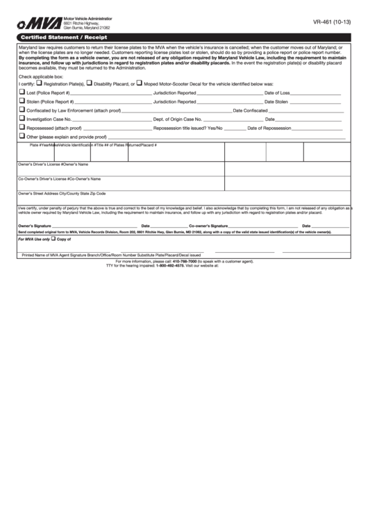 Fillable Form Vr-461 Certified Statement / Receipt Printable pdf