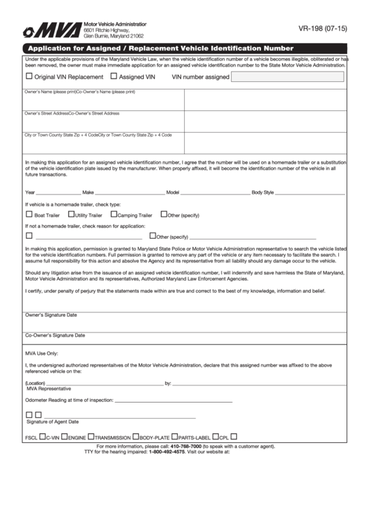 Fillable Form Vr-198 - Application For Assigned Vehicle Identification Number Printable pdf