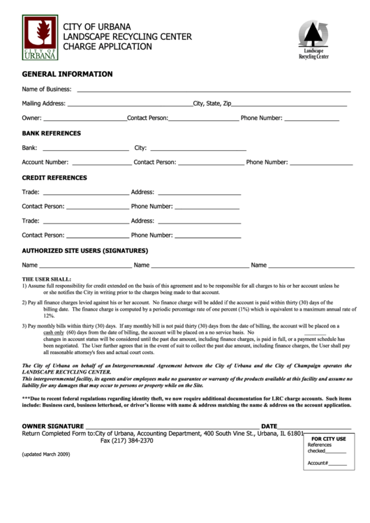 Landscape Recycling Center Charge Application Form - City Of Urbana Printable pdf