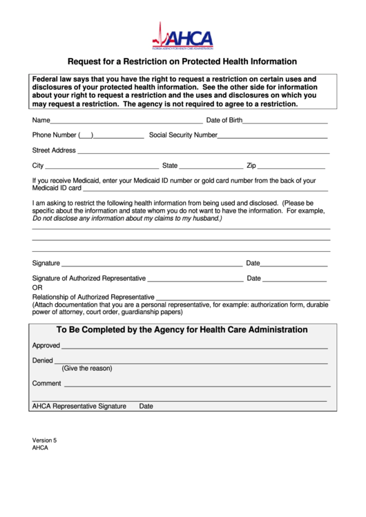 Request For A Restriction On Protected Health Information Form - Privacy Officer Agency For Health Care Administration Printable pdf