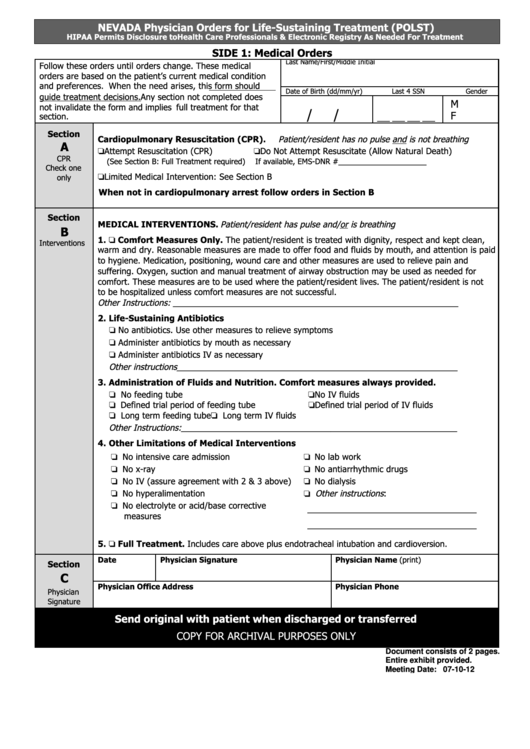 Physician Orders For Life-Sustaining Treatment (Polst) Form Printable pdf
