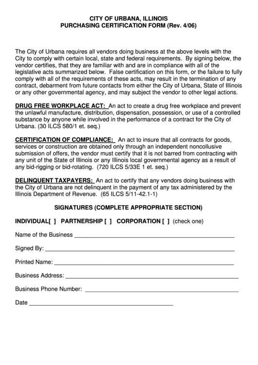 Purchasing Certification Form - City Of Urbana Printable pdf