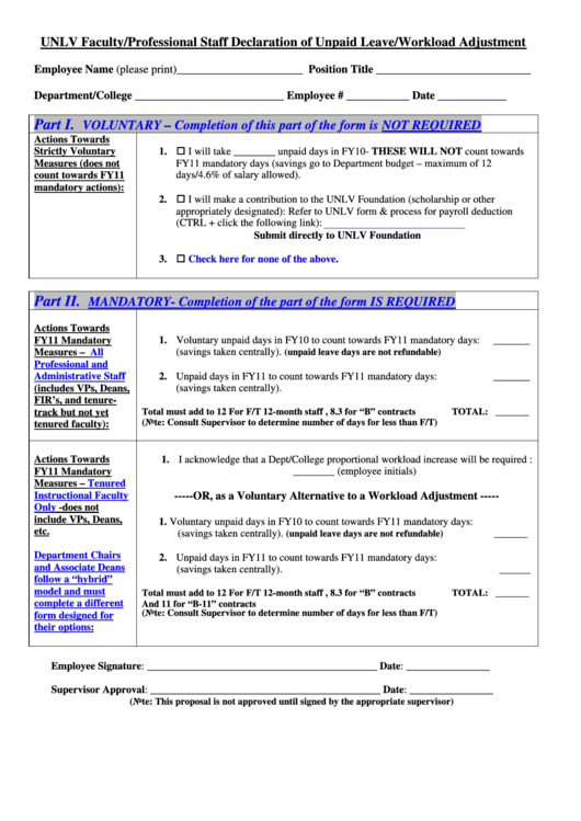 Fillable Unlv Faculty/professional Staff Declaration Of Unpaid Leave/workload Adjustment Form Printable pdf