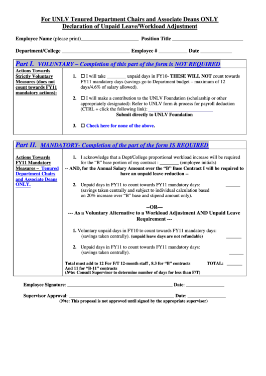 Fillable Unlv Tenured Department Chairs And Associate Deans Only Declaration Of Unpaid Leave/workload Adjustment Form Printable pdf