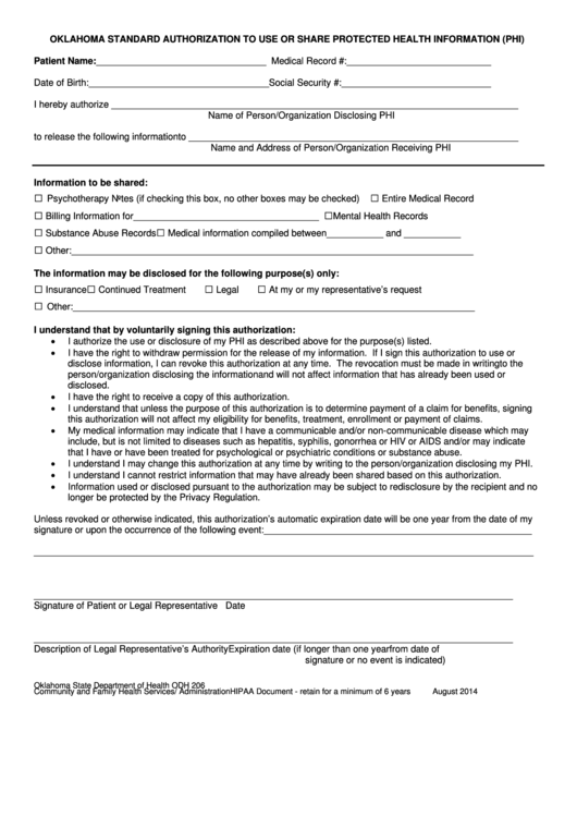 Fillable Form Odh 206 Oklahoma Standard Authorization To Use Or Share Protected Health Information (Phi) - Oklahoma State Department Of Health Printable pdf