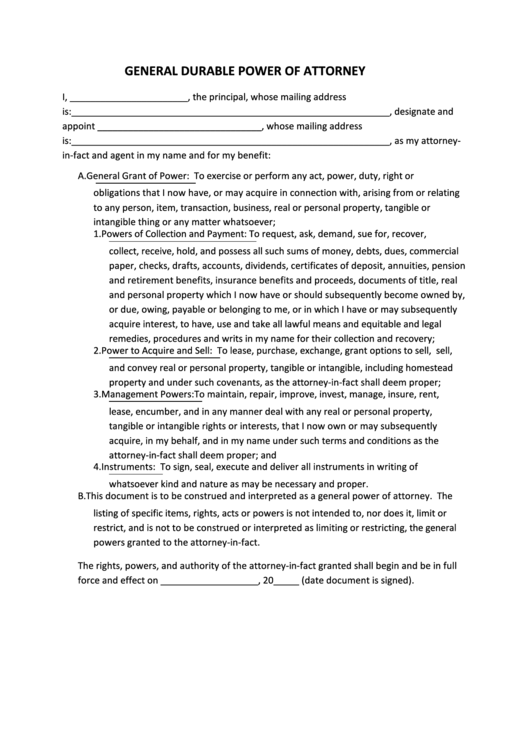 General Durable Power Of Attorney Form Printable pdf