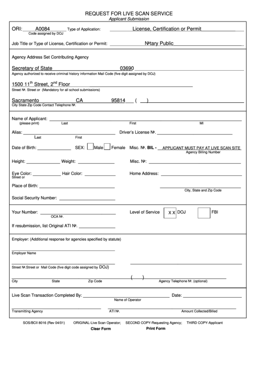 Fillable Form Sos/bcii 8016 - Request For Live Scan Service Printable pdf