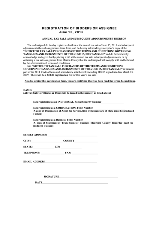Registration Of Bidders Or Assigners - Individual Form Printable pdf