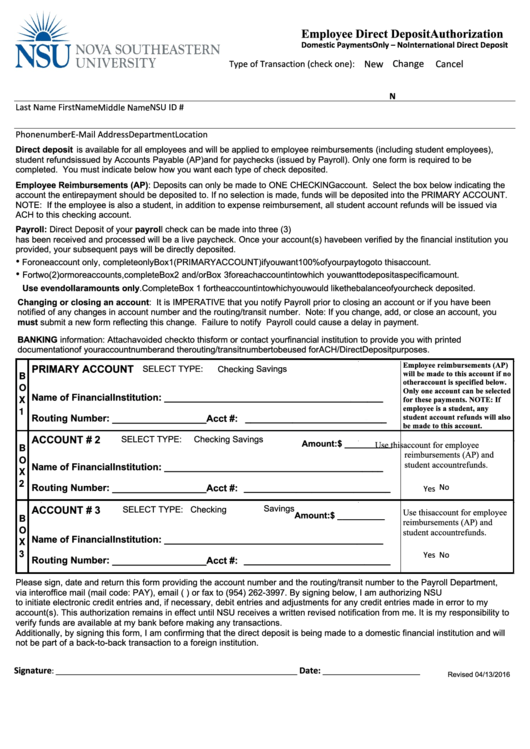 Employee Direct Deposit Authorization Form