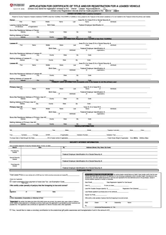 Form 411179 - Application For Certificate Of Title And/or Registration For A Leased Vehicle Printable pdf