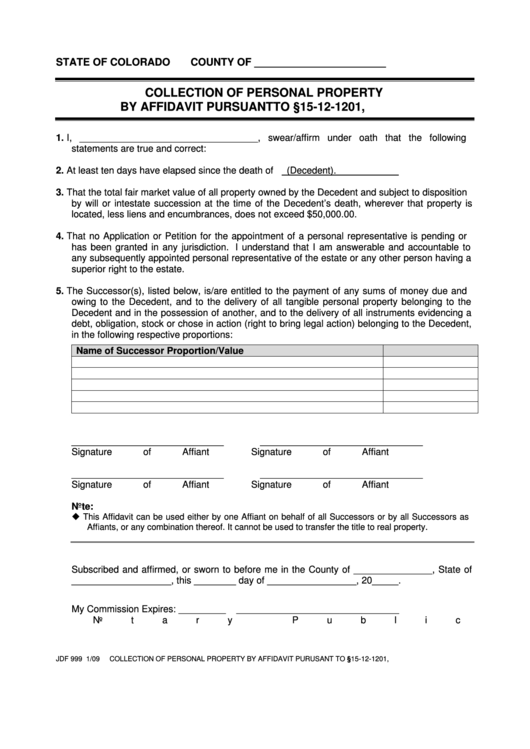 Fillable Form Jdf 999 - Collection Of Personal Property By Affidavit Pursuant Printable pdf