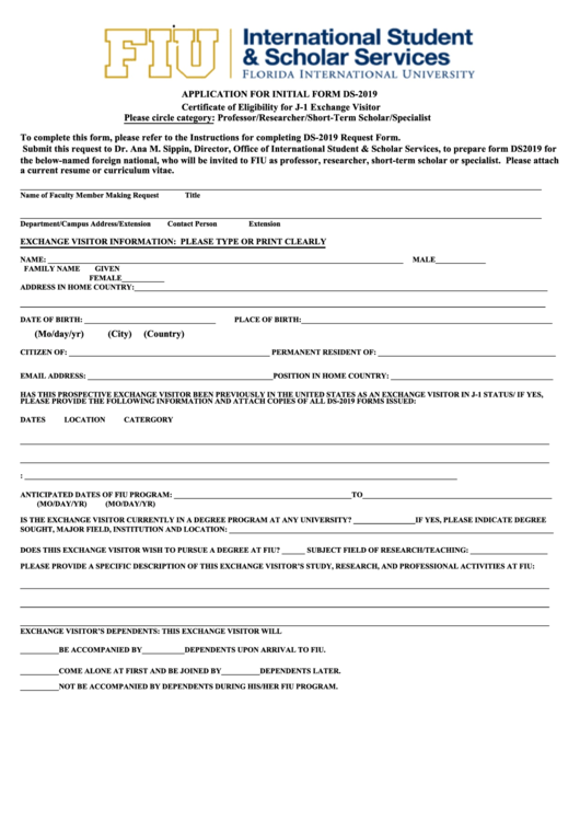 Form Ds-2019 - Application For Initial Printable pdf