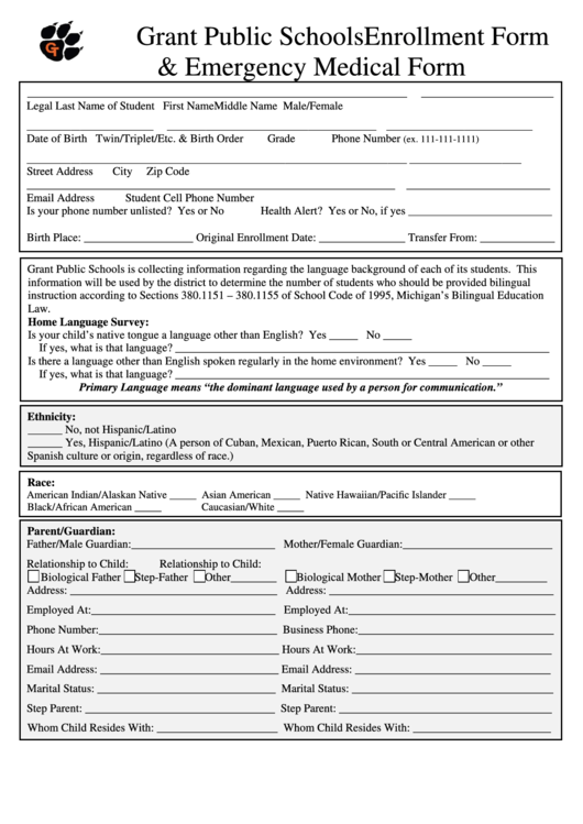 Grant Public Schools Enrollment Form & Emergency Medical Form Printable pdf