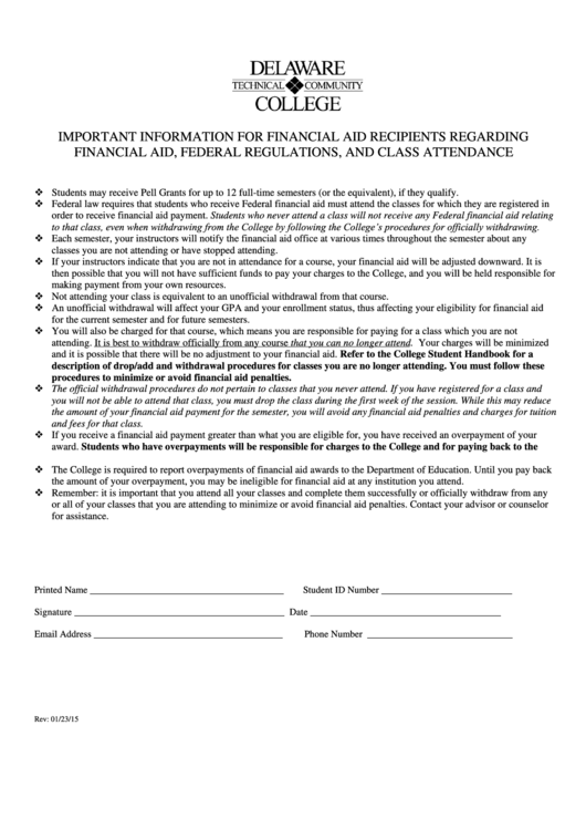 Delaware Tech 2015-16 Statement Of Responsibility For Financial Obligations Form Printable pdf