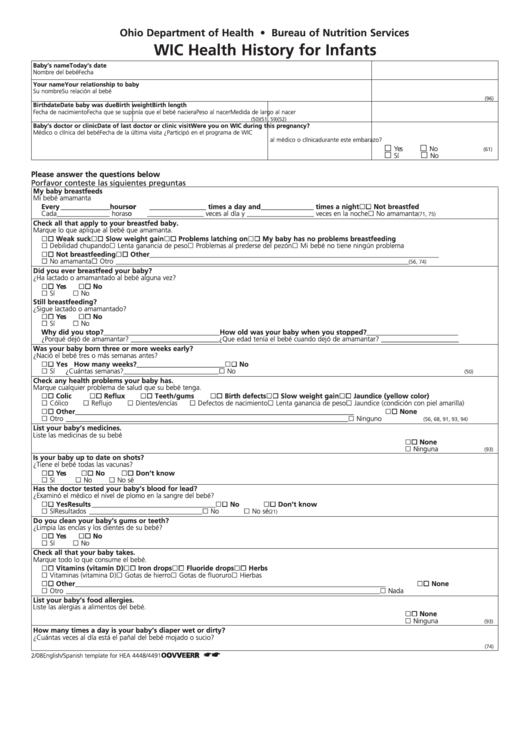 Wic Health History For Infants Form - Ohio Department Of Health Printable pdf
