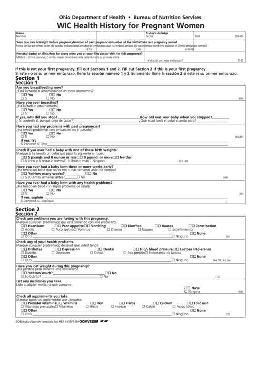 Wic Health History For Pregnant Women Form - Ohio Department Of Health Printable pdf