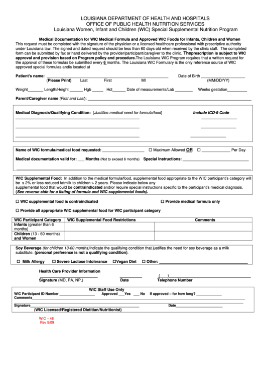 Form Wic48 Louisiana Women, Infant And Children (Wic) Special