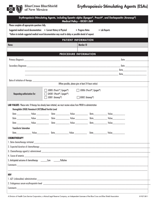 Fillable Erythropoiesis-Stimulating Agents (Esas) Form - Blue Cross Blue Shield Of New Mexico Printable pdf