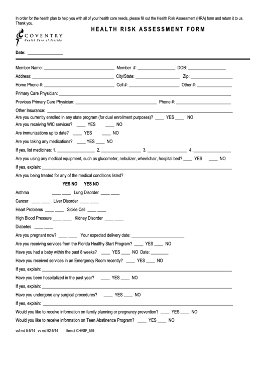 Health Risk Assessment Form - Coventry Health Care Of Florida Printable pdf