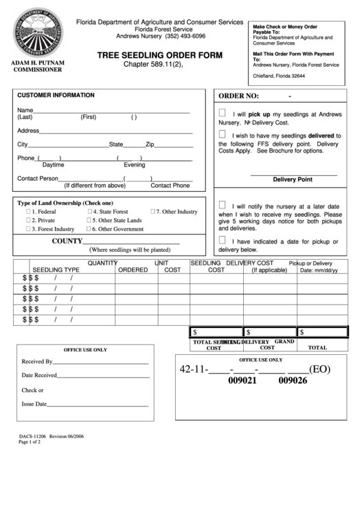 Fillable Dacs-11206 - Tree Seedling Order Form - Florida Department Of Agriculture And Consumer Services, Florida Forest Service Printable pdf