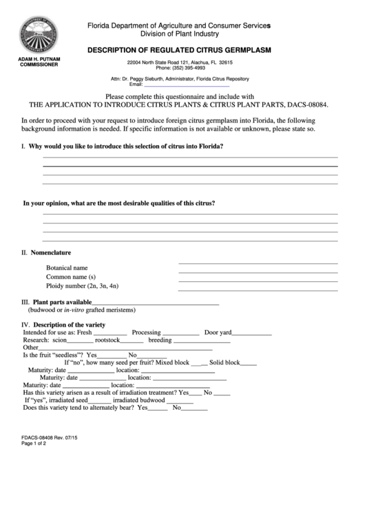 Fillable Fdacs-11206 - Description Of Regulated Germplasm Form - Florida Department Of Agriculture And Consumer Services, Division Of Plant Industry Printable pdf