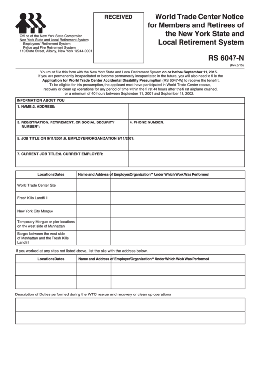 Form Rs 6047-N - World Trade Center Notice For Members And Retirees Of The New York State And Local Retirement System Printable pdf
