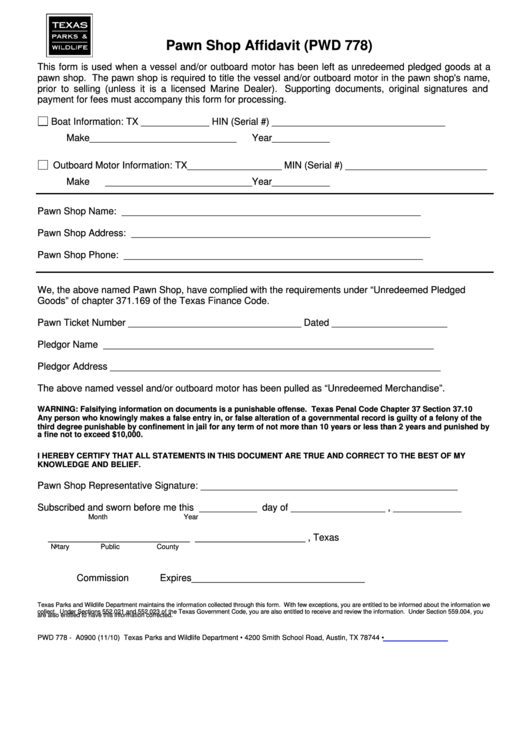 Fillable Form Pwd 778 - Pawn Shop Affidavit Printable pdf