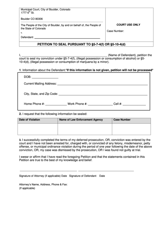 Petition To Seal Mip (Marijuana & Alcohol) Record Form Printable pdf