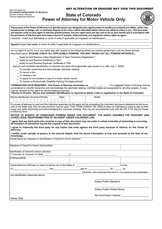 Form Dr 2175 - Power Of Attorney For Motor Vehicle Only