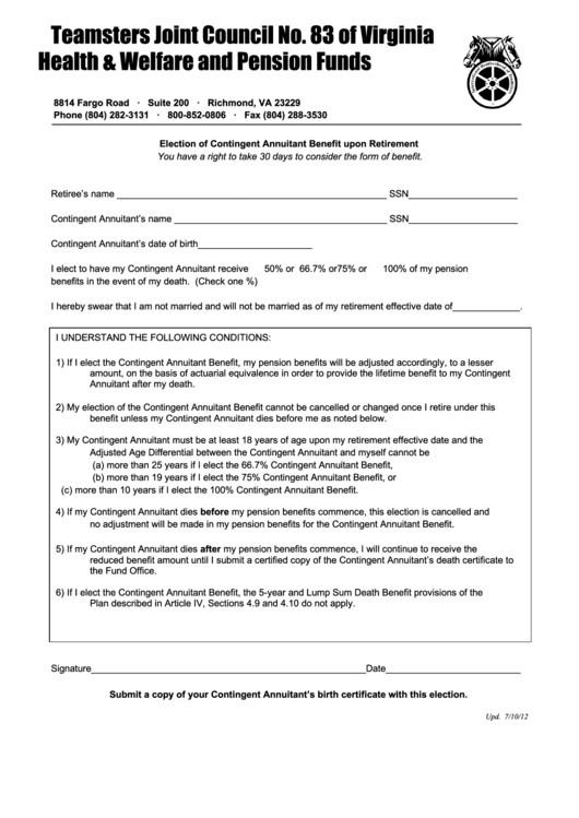 Fillable Election Of Contingent Annuitant Benefit Upon Retirement Form Printable pdf