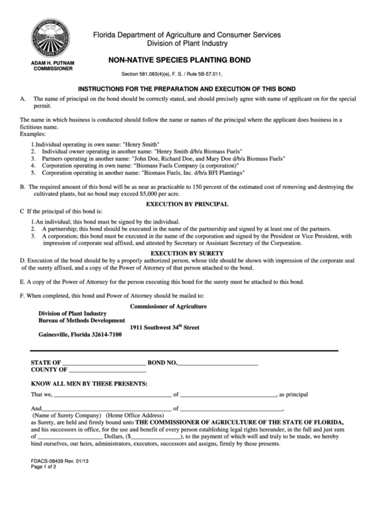 Fdacs-08439 - Non-Native Species Planting Bond Form - Florida Department Of Agriculture And Consumer Services Division Of Plant Industry Printable pdf