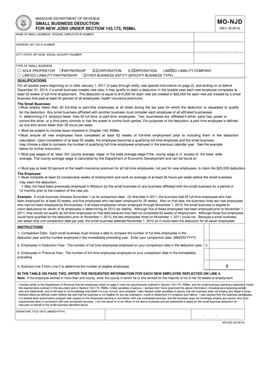 Fillable Form Mo-Njd - Small Business Deduction For New Jobs Printable pdf