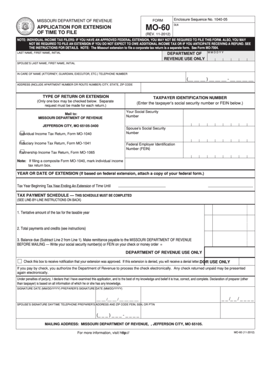 Fillable Form Mo-60 - Application For Extension Of Time To File - Missouri Department Of Revenue - 2012 Printable pdf