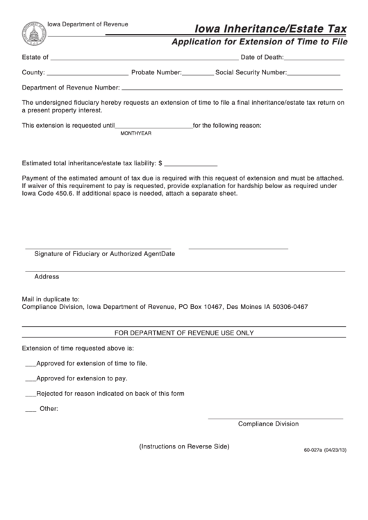 Form 60-027a - Iowa Inheritance/estate Tax - Application For Extension Of Time To File - 2013 Printable pdf