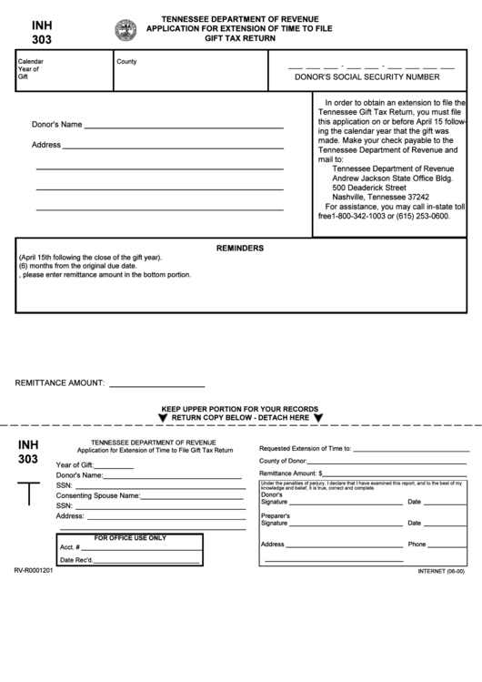 Form Inh030 - Application For Extension Of Time To File Gift Tax Return ...