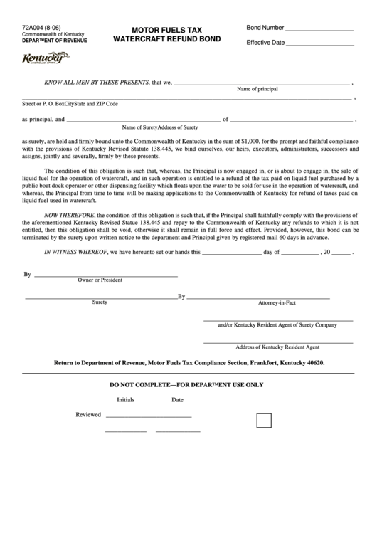 Form 72a004 - Motor Fuels Tax Watercraft Refund Bond - Kentucky Department Of Revenue Printable pdf