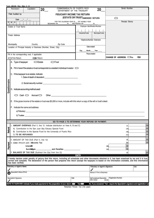 Form 480.80 - Fiduciary Income Tax Return (Estate Or Trust) - 2013 Printable pdf