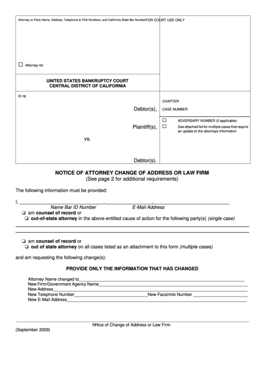 Fillable Notice Of Attorney Change Of Address Or Law Firm Form United