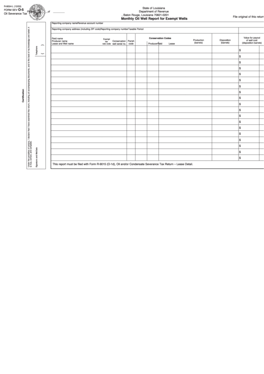 Fillable R-9054-L Form Sev O-5 - Monthly Oil Well Report For Exempt Wells - State Of Louisiana Department Of Revenue Printable pdf