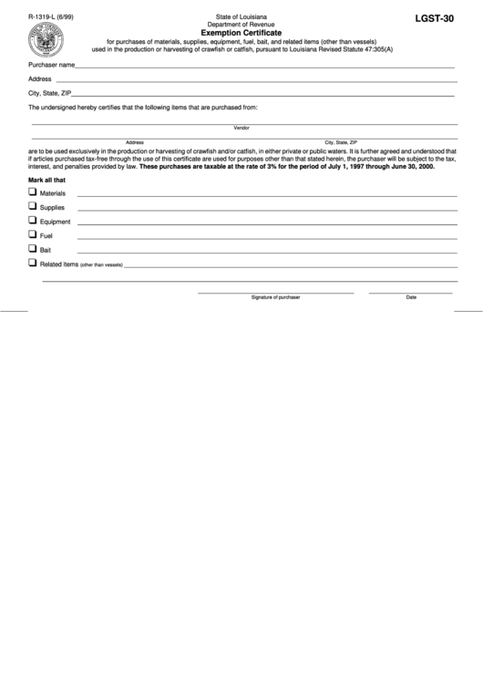Fillable Form R-1319-L - Exemption Certificate - State Of Louisiana Department Of Revenue Printable pdf