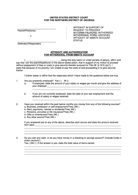 Affidavit And Authorization To Withdraw From Inmate Account Form - United States District Court For The Northern District Of Georgia Printable pdf
