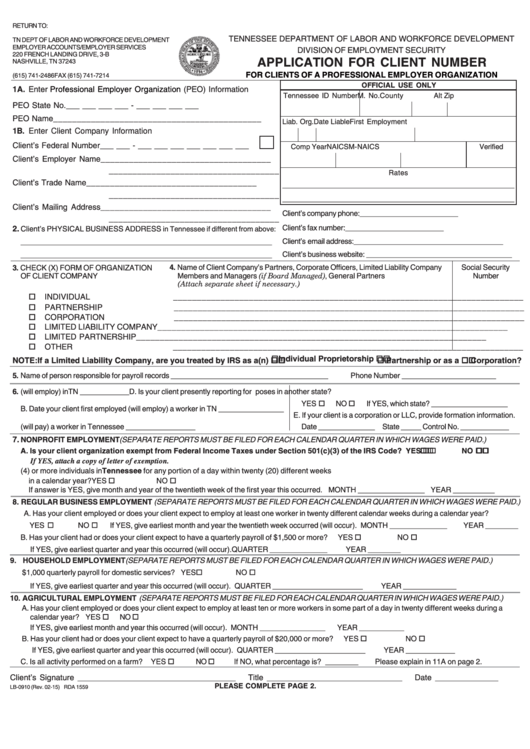Form Lb-0910 - Application For Client Number - Tennessee Department Of Labor And Workforce Development